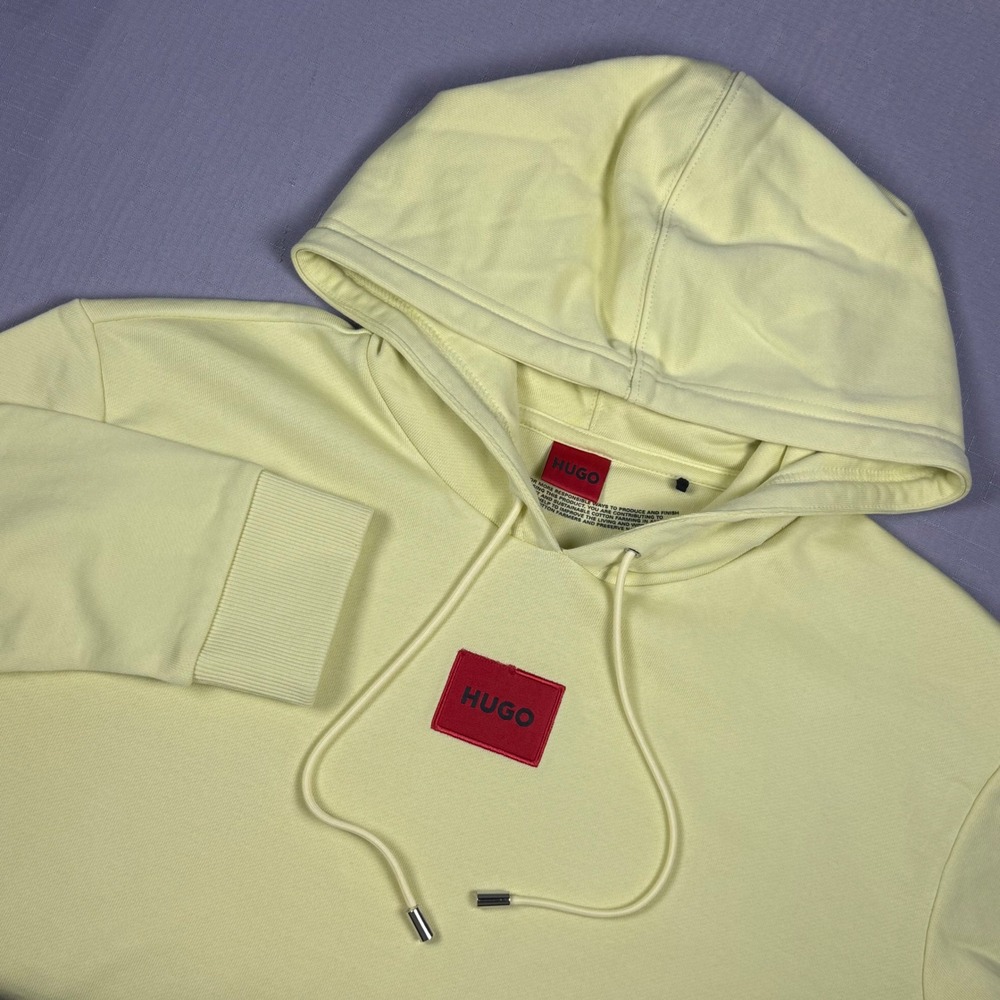 Hugo Boss Mens Durned Red Logo Patch Hoodie Pale Yellow French Terry Medium